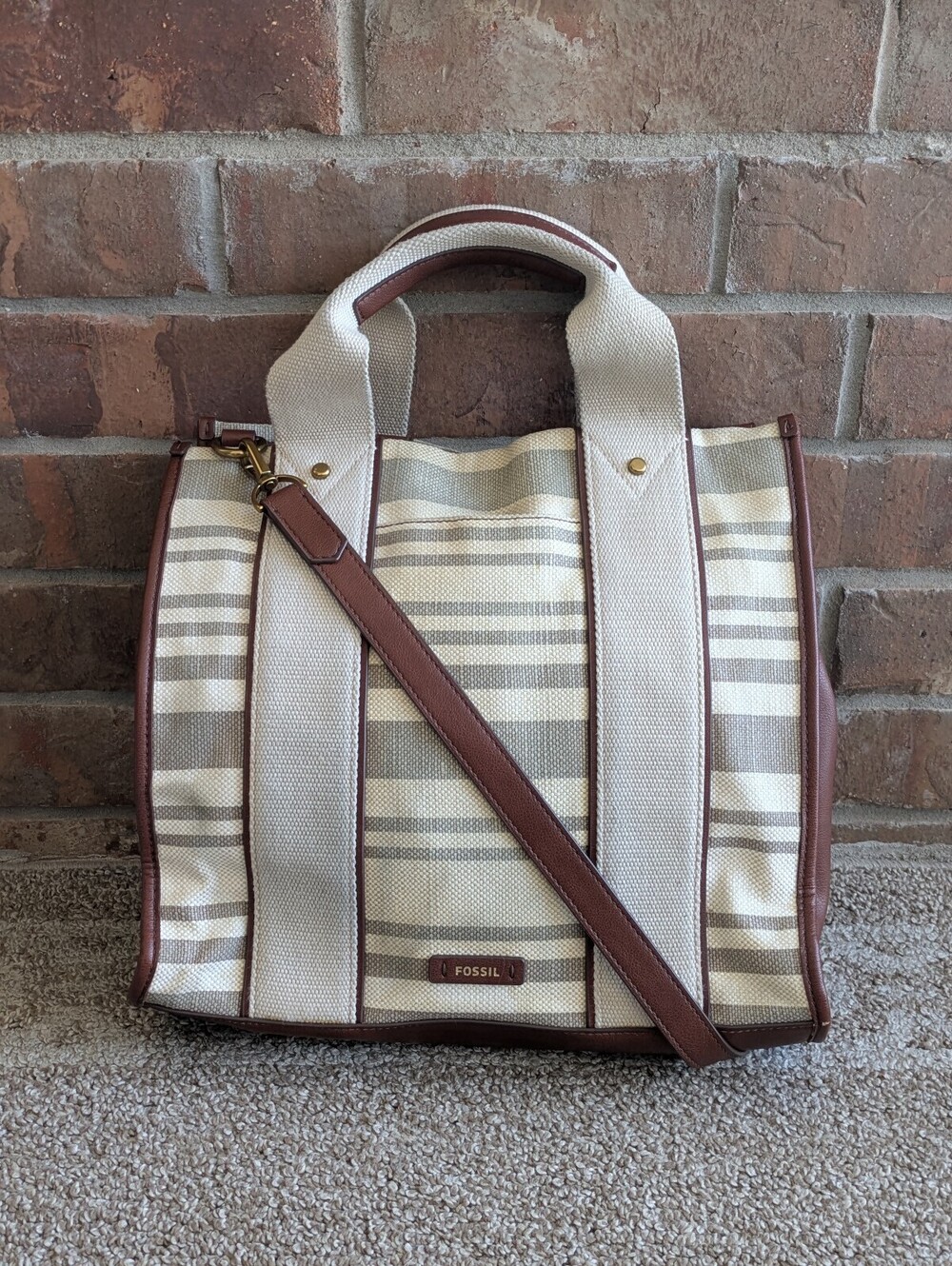 Fossil Kingston Crossbody Bag Tote Neutral Stripe Leather Canvas Satchel Purse